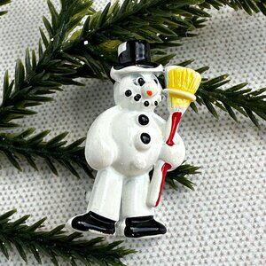 Vintage Frosty Snowman Brooch White Enamel Black Top Hat Yellow Broom Pin Winter